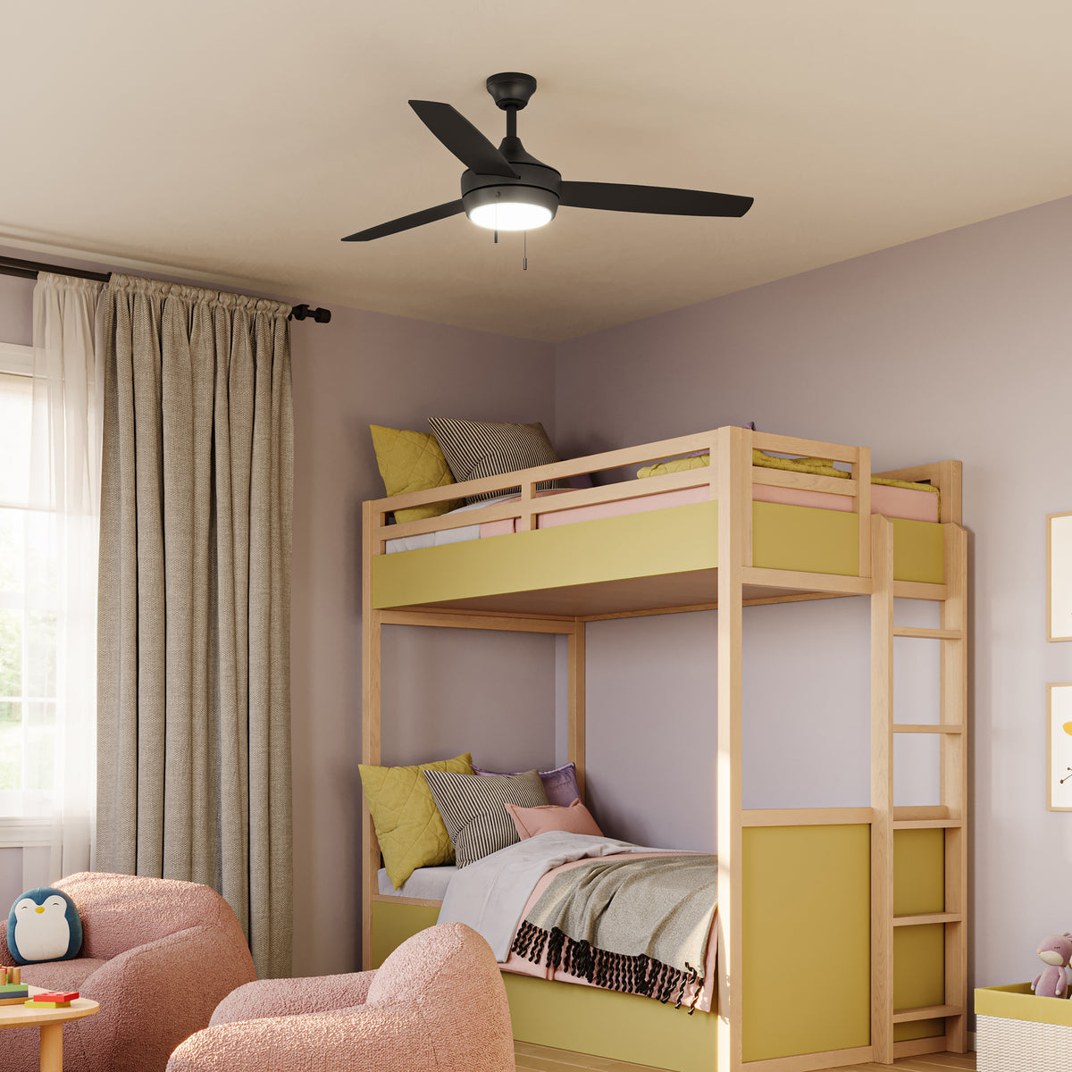 Children's bedroom with a bunk bed, armchairs, and Nolyn P250124-31M-30 ceiling fan. 