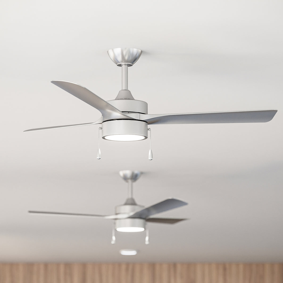 Closeup of two P250122-009-30 ceiling fans with light on a white ceiling. 