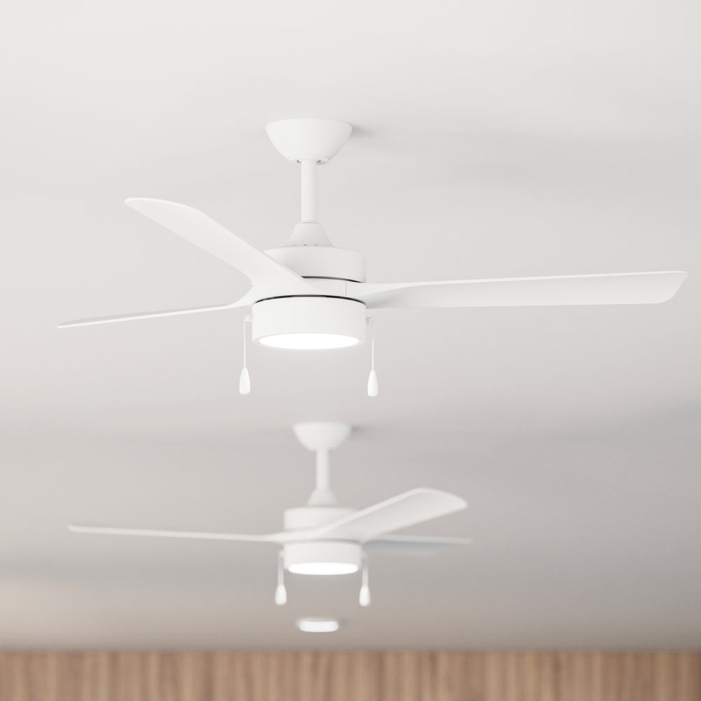 Closeup of P250122-28M-30 ceiling fans on a white ceiling with wooden paneling. ::Matte White