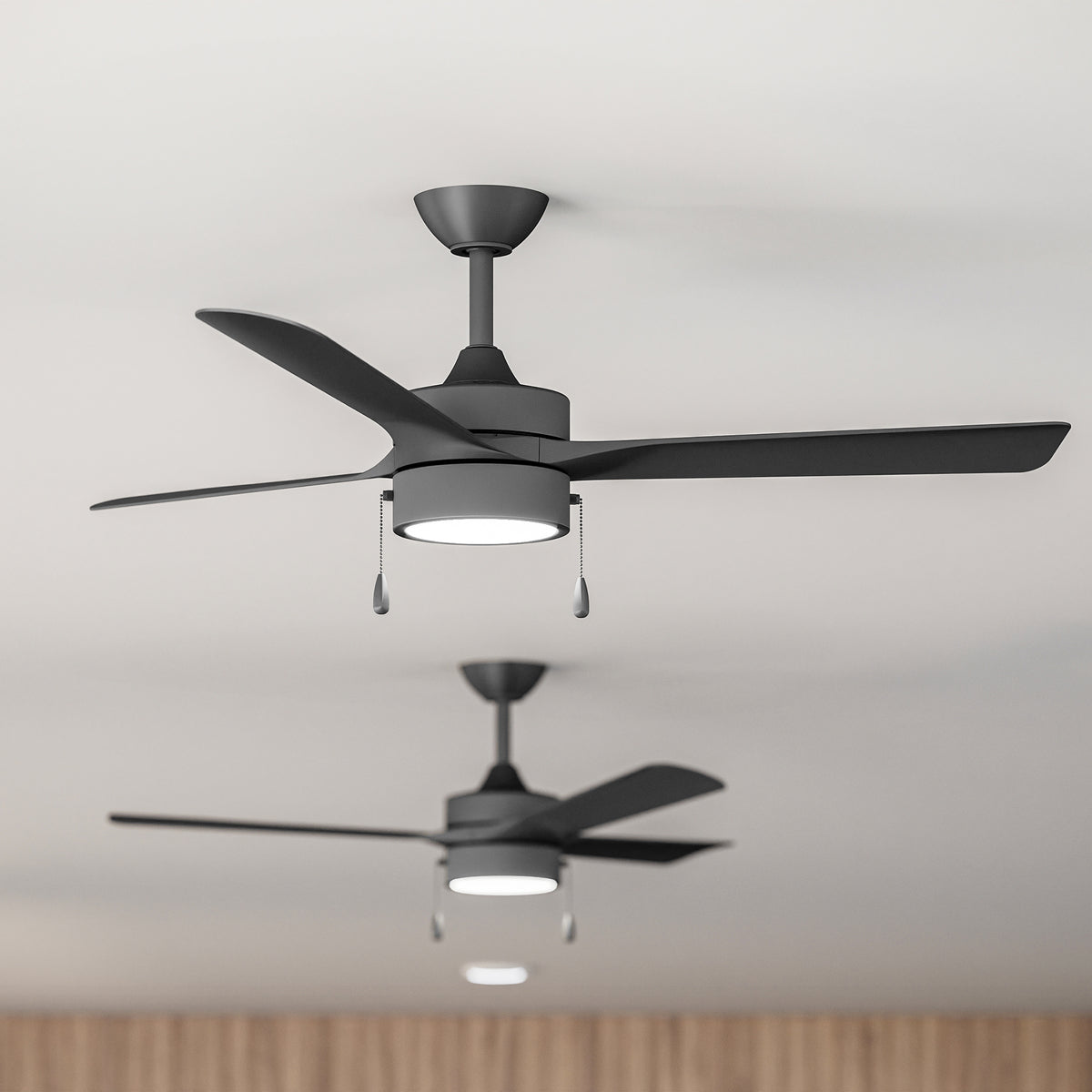 Two P250122-31M-30 ceiling fans with light fixtures on a neutral background 