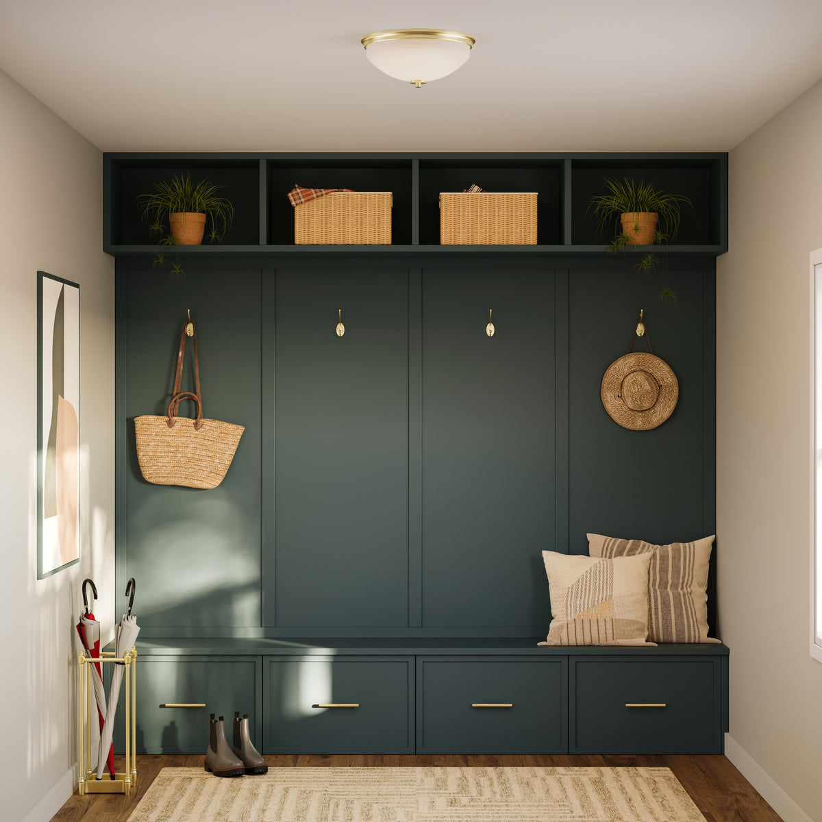 Modern entryway with dark green wall, storage bench, and decorative items. 