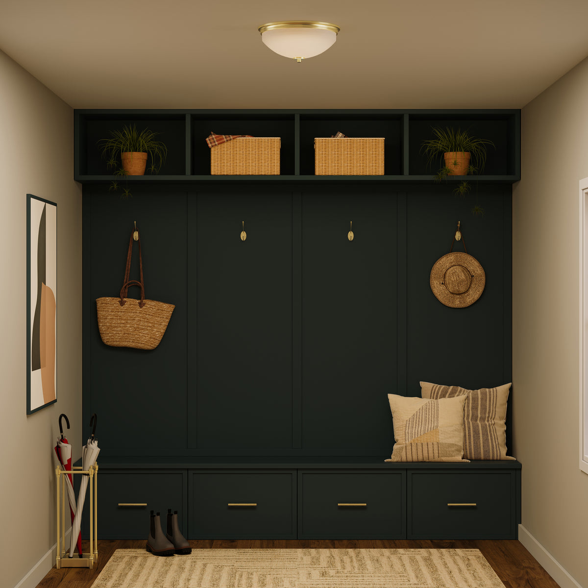 Mudroom with black storage cabinets, shelves, and bench with pillows. 