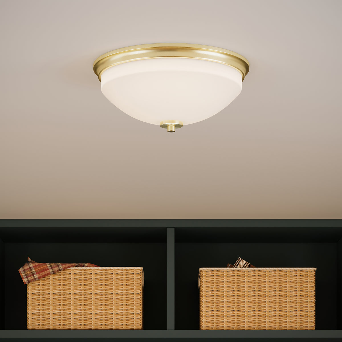Ceiling light fixture with wicker baskets below on a neutral background 