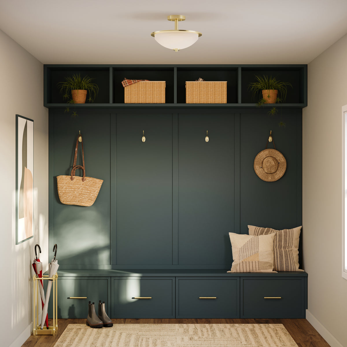 Modern entryway with dark green wall, storage bench, and decorative items. 