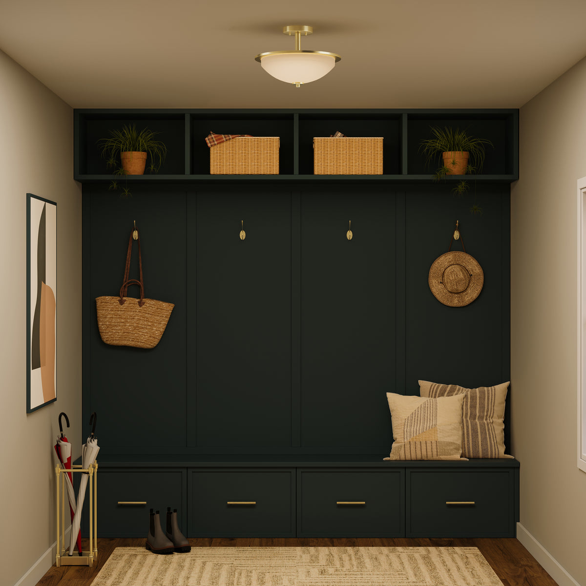 Mudroom with black storage wall, bench, and decorative items. 