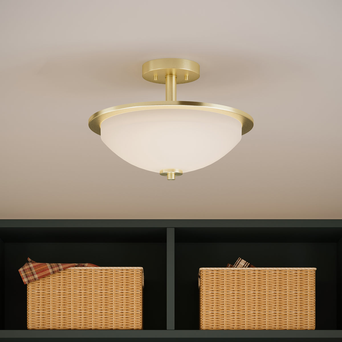 Ceiling light fixture with wicker baskets below on a neutral background 