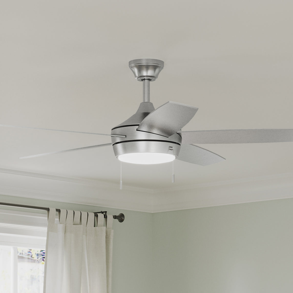 Nolyn P250125-009-30Ceiling fan with light fixture in a room with curtains and a window. 