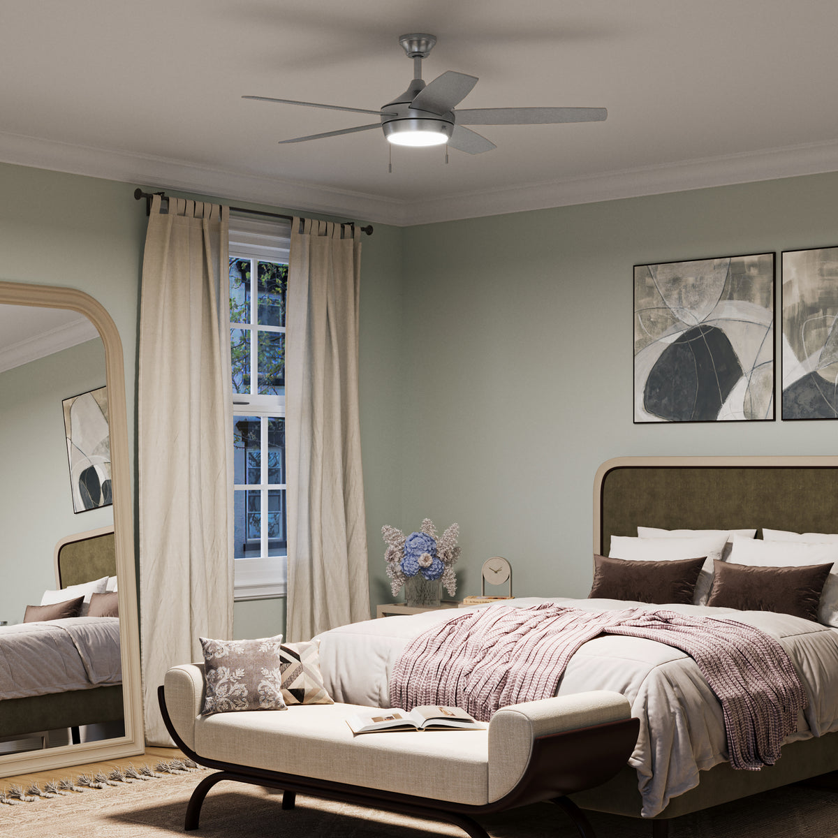Modern bedroom with a bed, mirror, and Nolyn-P250125-009-30 ceiling fan. 