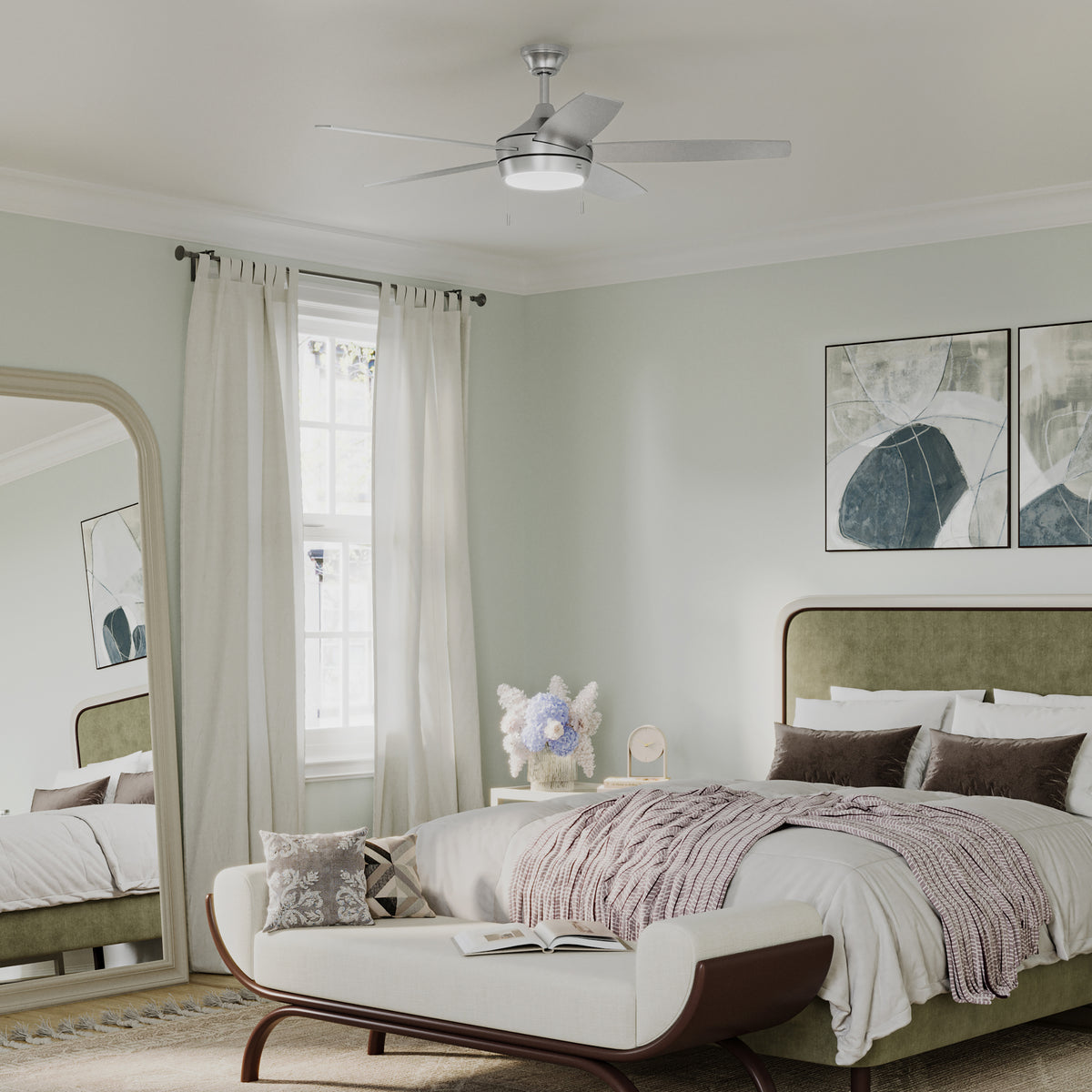 Modern bedroom with a bed, chair, and Nolyn P250125-009-30 ceiling fan. 