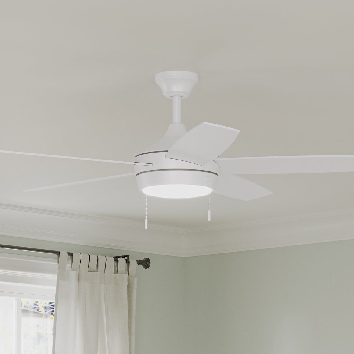Nolyn P250125-28M-30 ceiling fan with light fixture in a room with curtains and a window. 