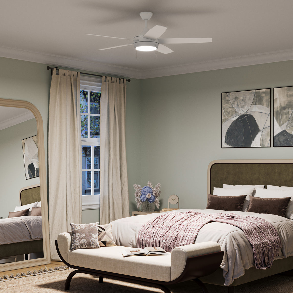 Modern bedroom with a bed, mirror, and Nolyn P250125-28M-30 ceiling fan. 