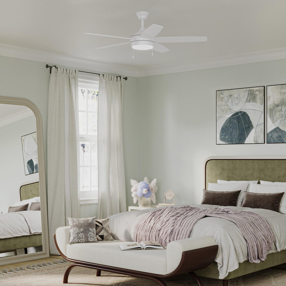 Modern bedroom with a bed, nightstand, and Nolyn P250125-28M-30 ceiling fan. 