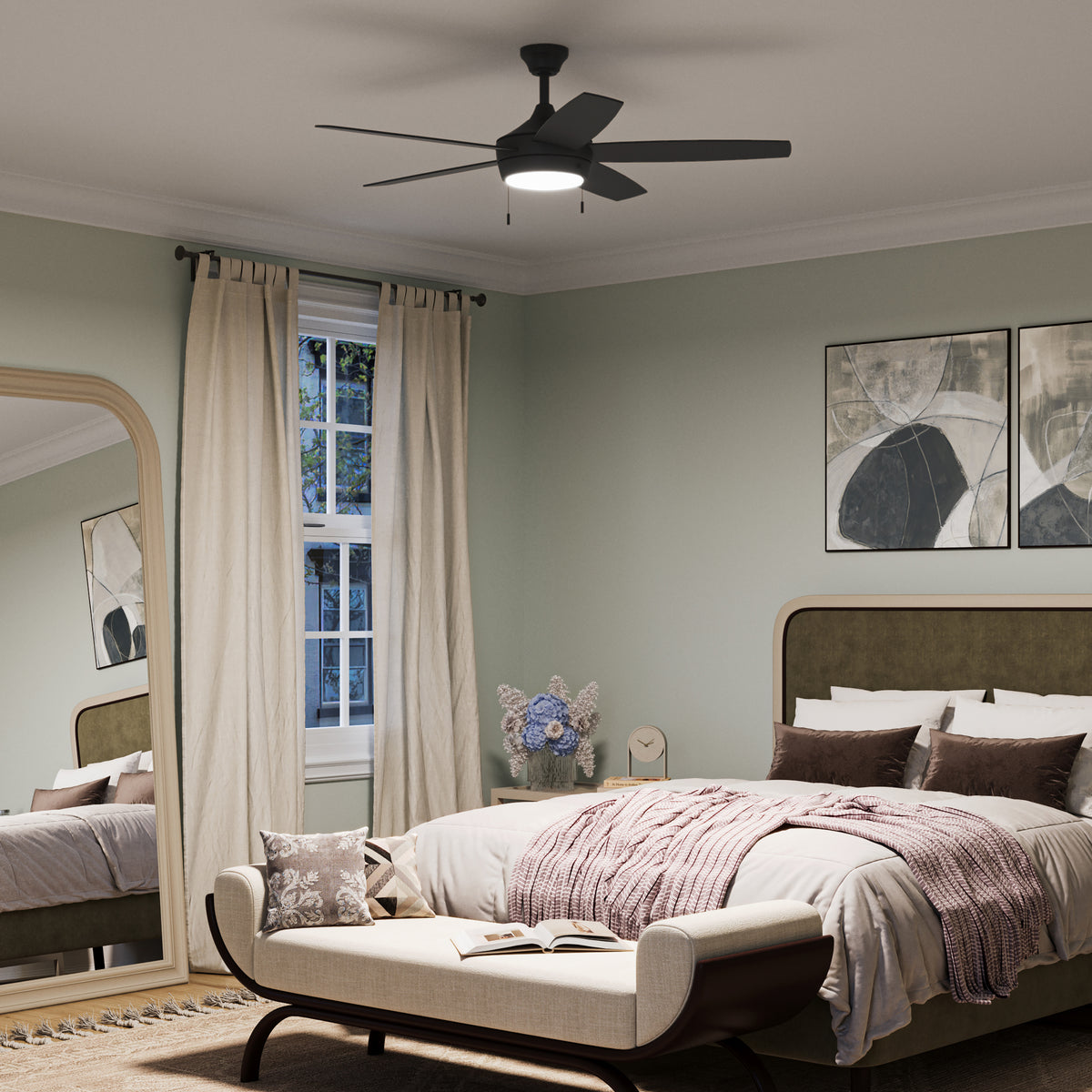 Modern bedroom with a Nolyn P250125-31M-30 ceiling fan, bed, and decorative elements. 