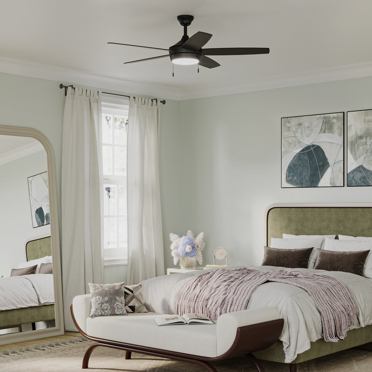Modern bedroom with a bed, mirror, and Nolyn P250125-31M-30 ceiling fan. 