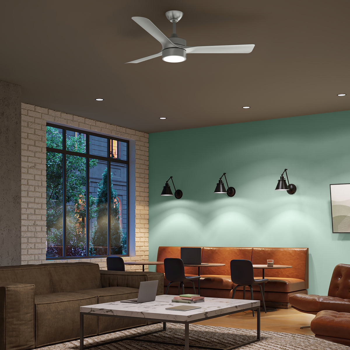 Modern living room with Axion P250123-009-30 ceiling fan, couch, and coffee table. 
