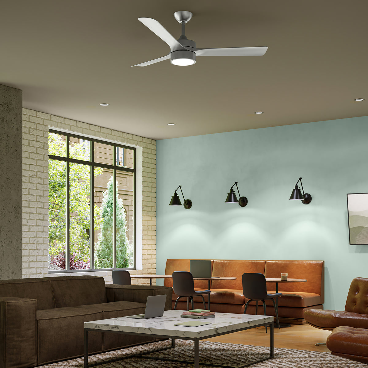 Modern living room with Axion P250123-009-30ceiling fan, couch, and table. 