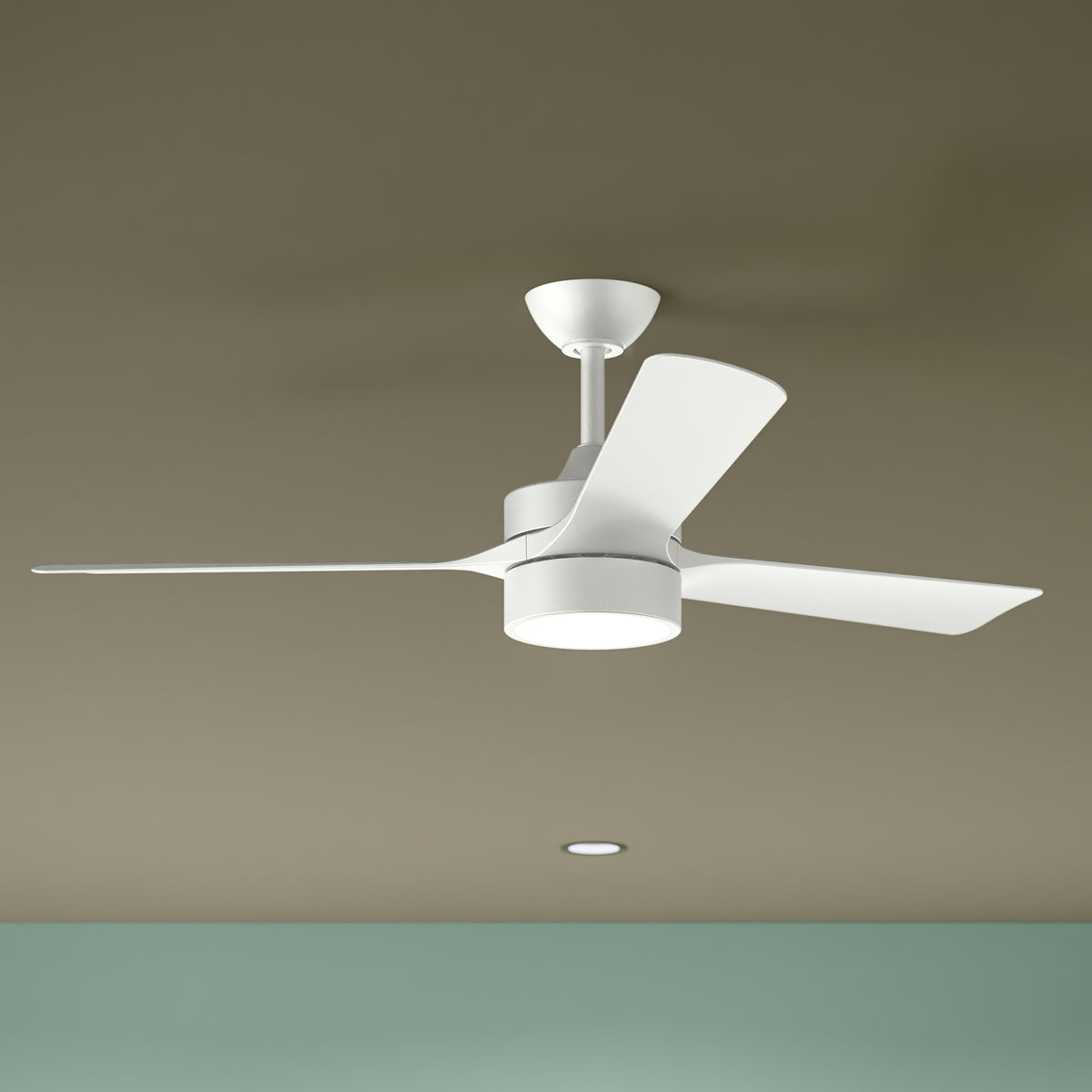 Detail of Axion-P250123-28M-30 ceiling fan with white blades against a beige ceiling 