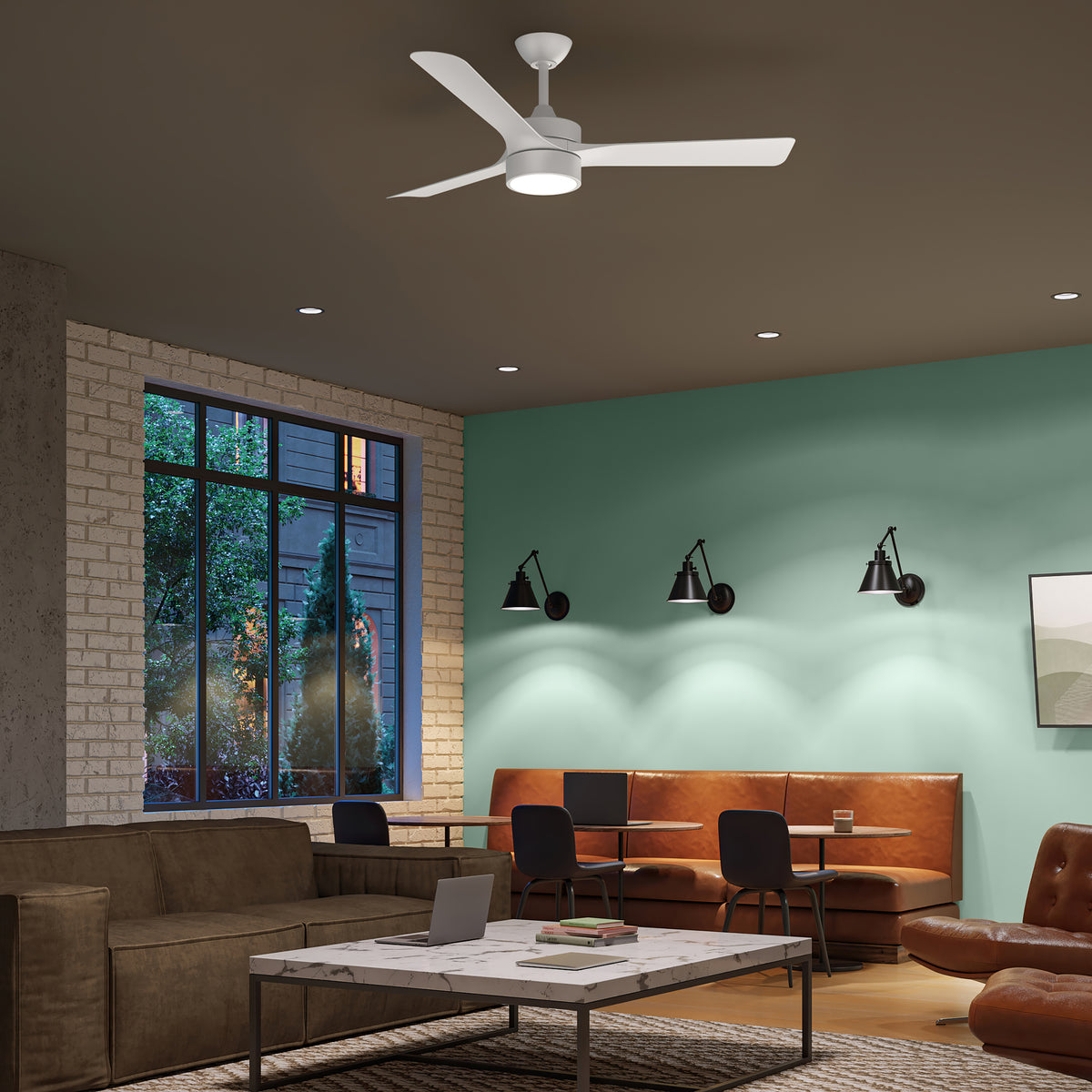 Modern living room with axion-P250123-28M-30 ceiling fan, couch, and coffee table. 