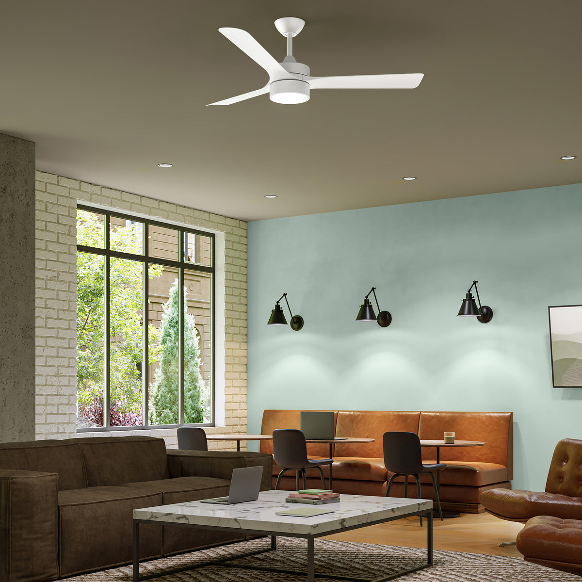 Modern living room with AxionP250123-28M-30 ceiling fan, couch, and coffee table. 