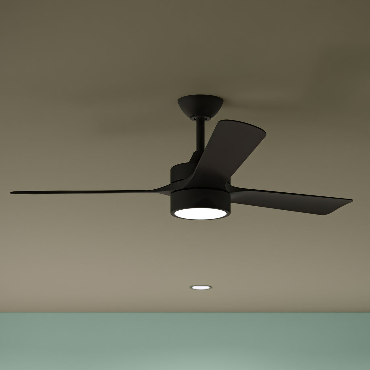 Detail of Axion-P250123-31M-30 ceiling fan with light fixture on a beige ceiling. 