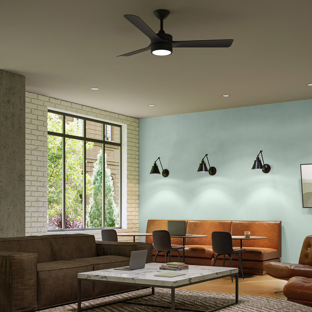 Modern living room with Axion-P250123-31M-30 ceiling fan, couch, coffee table, and wall lights. ::Matte Black