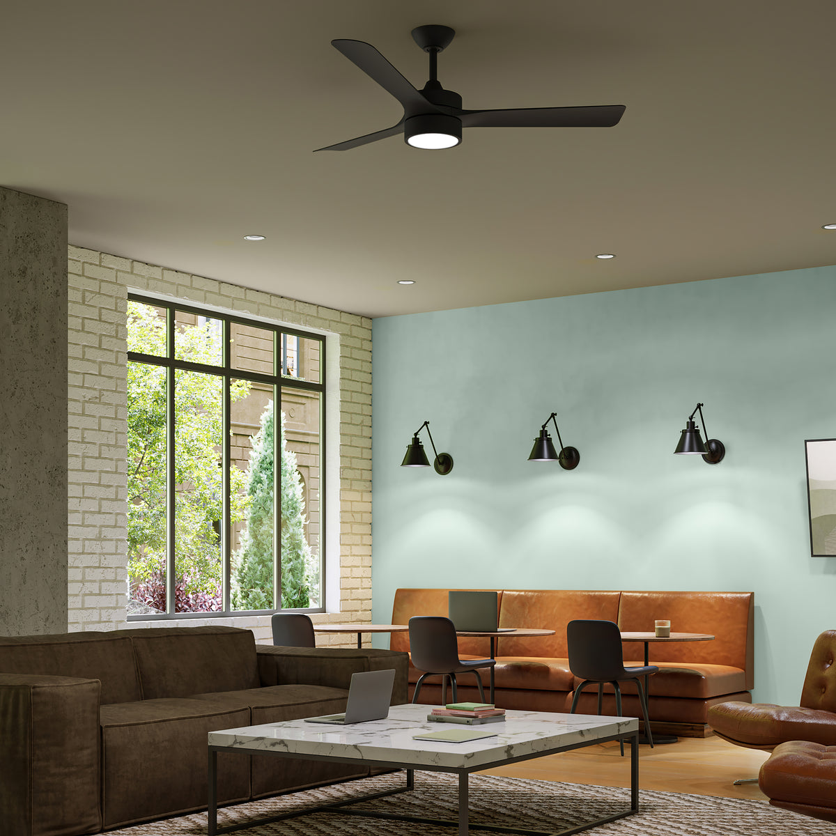 Modern living room with Axion-P250123-31M-30 ceiling fan, couch, coffee table, and wall lights. 