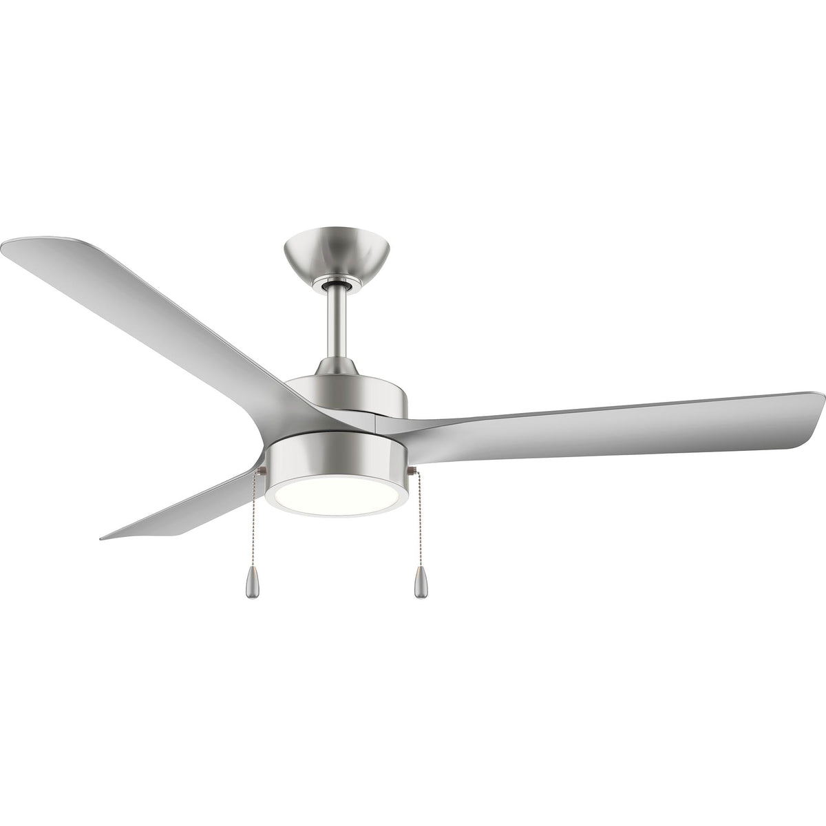 P250122-009-30 ceiling fan with brushed nickel finish with light fixture on a white background. 