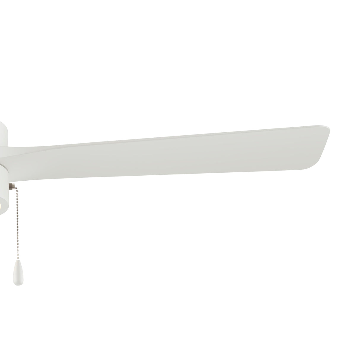 Detail of a P250122-28M-30 ceiling fan with a matte white blade on a white background 