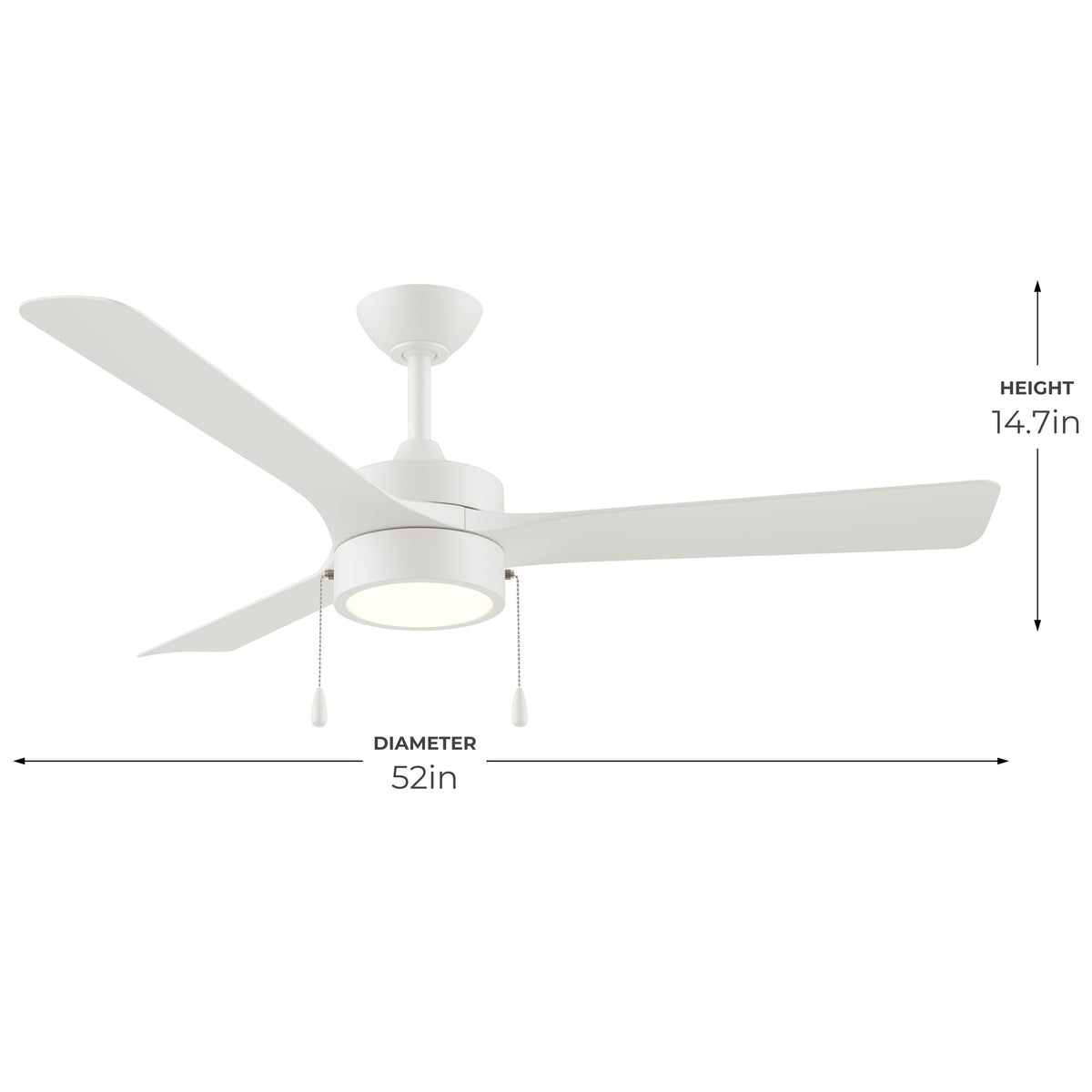 Matte White P250122-28M-30ceiling fan with measurement details on a white background 