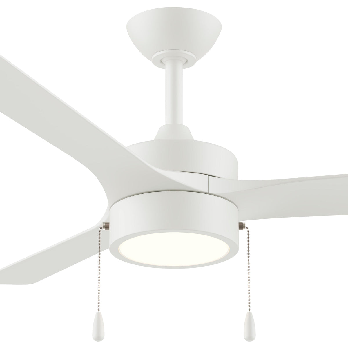 Close up of a P250122-28M-30 ceiling fan with light on a white background 