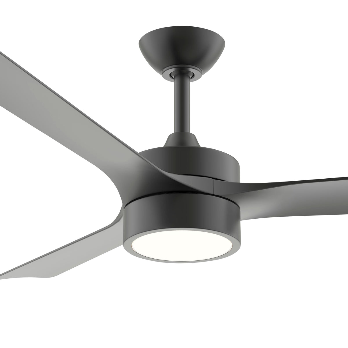 Detail of P250123-31M-30 ceiling fan with matte black finish and light fixture on a white background 