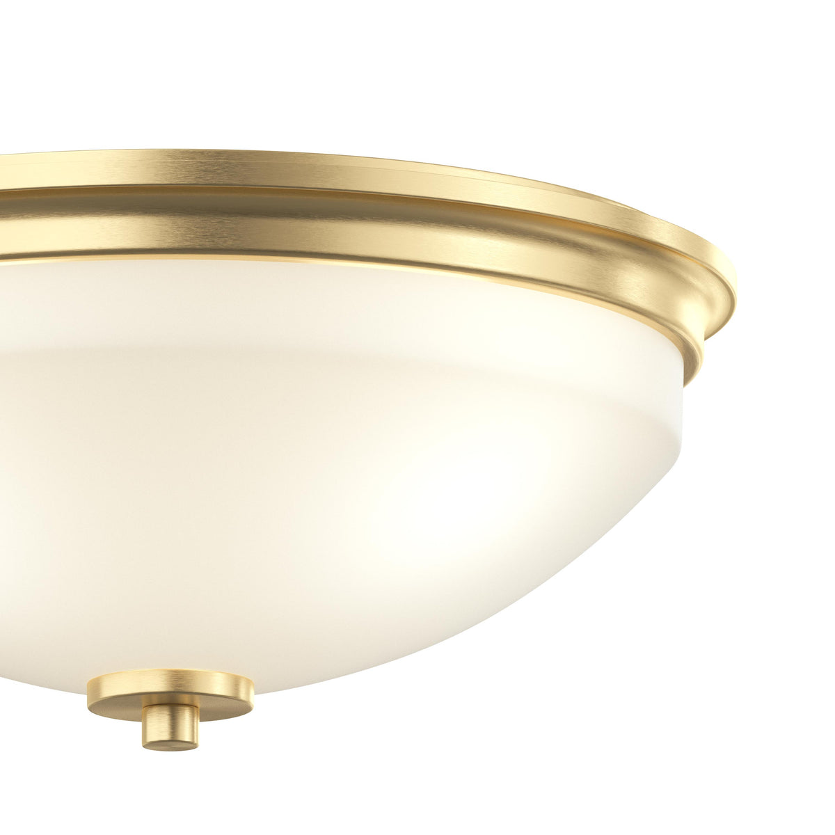 Ceiling light fixture with gold finish and white glass on a white background 