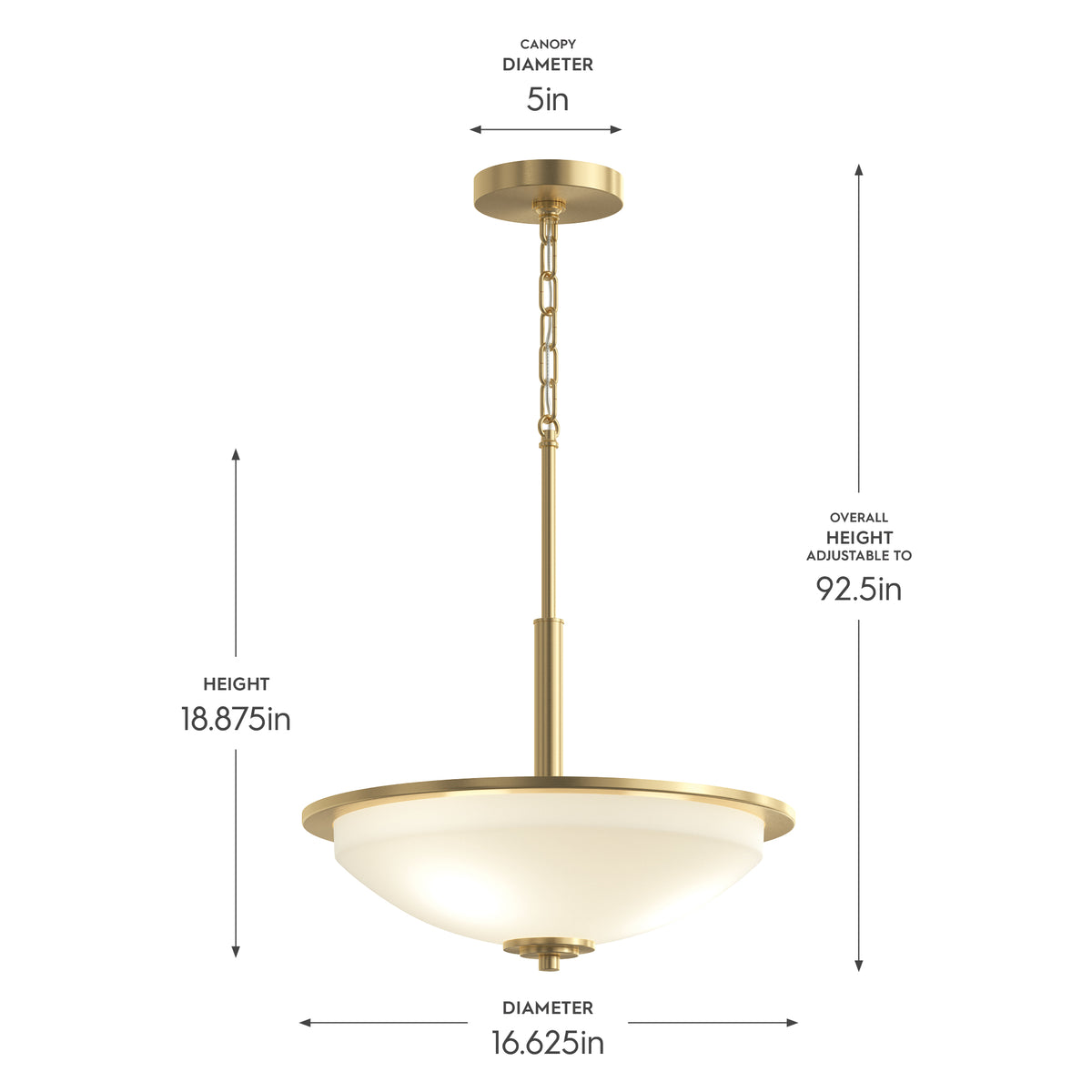 Pendant light with dimensions labeled on a white background 