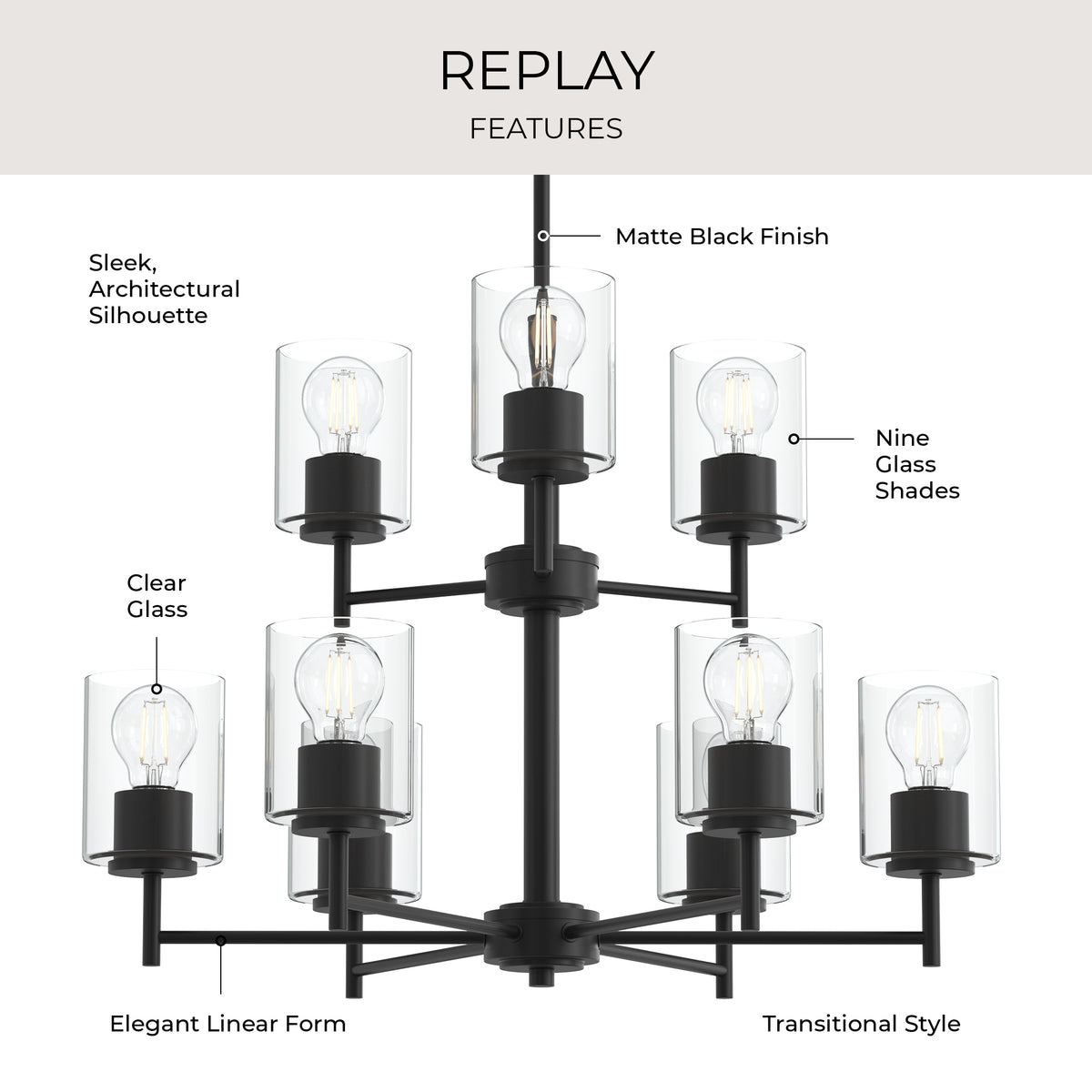 Replay Collection Nine-Light Chandelier with Clear Glass Shades