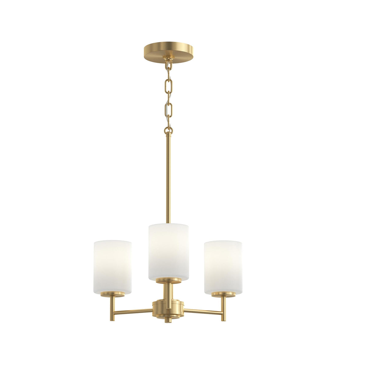 Chandelier with three white lampshades on a white background 