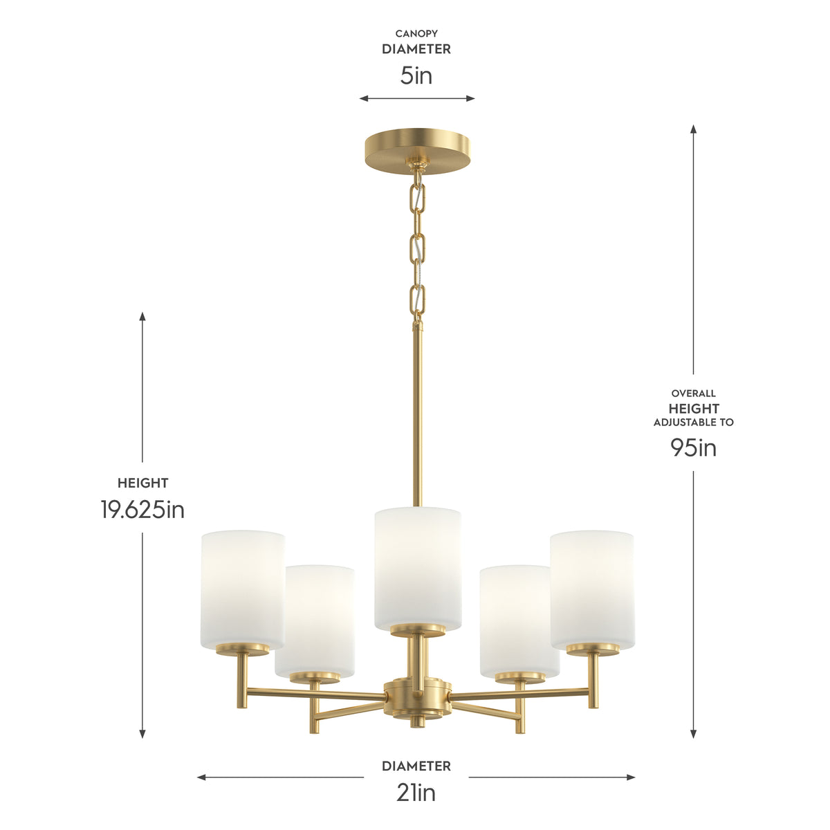 Chandelier with dimensions labeled on a white background 
