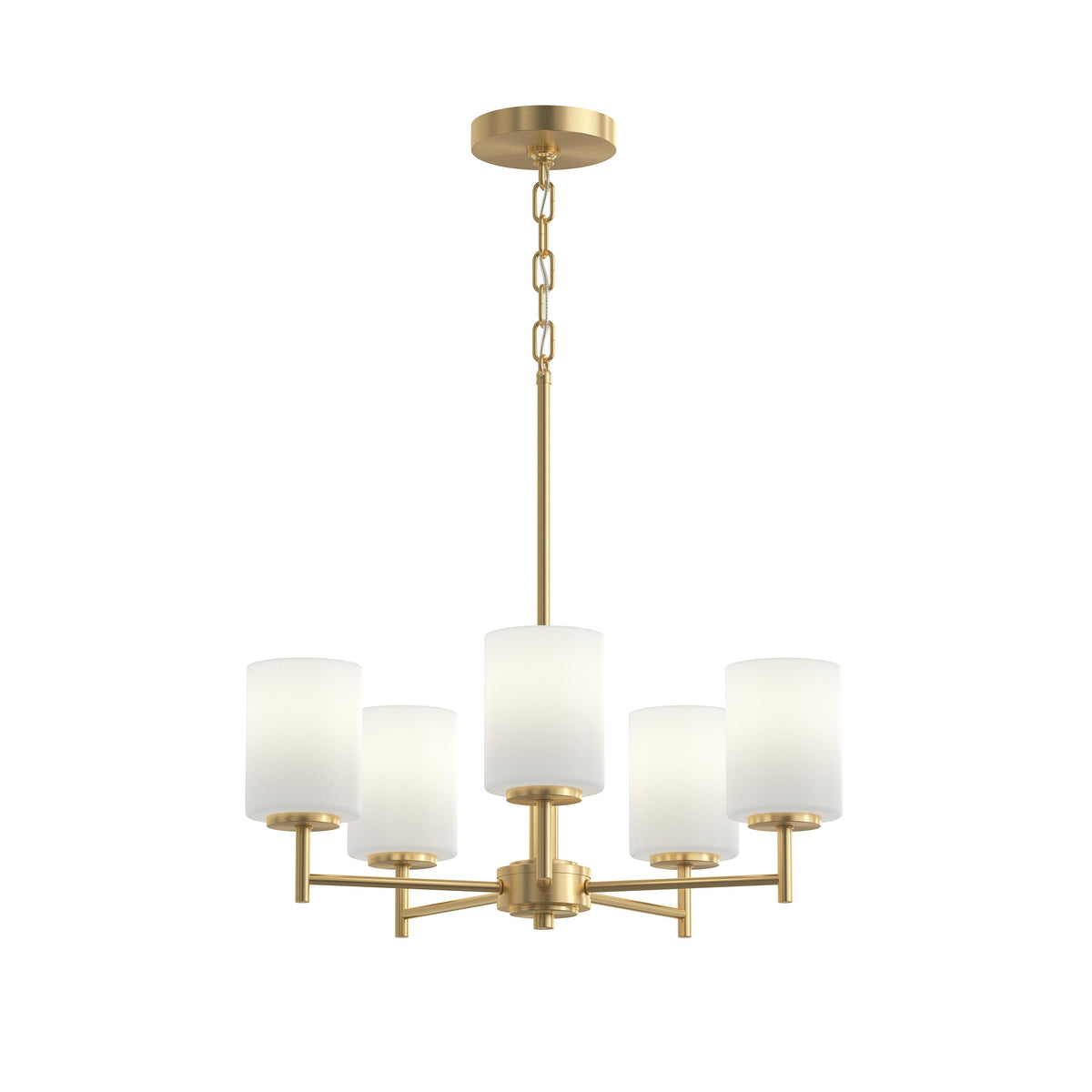 Gold chandelier with white glass shades on a white background 
