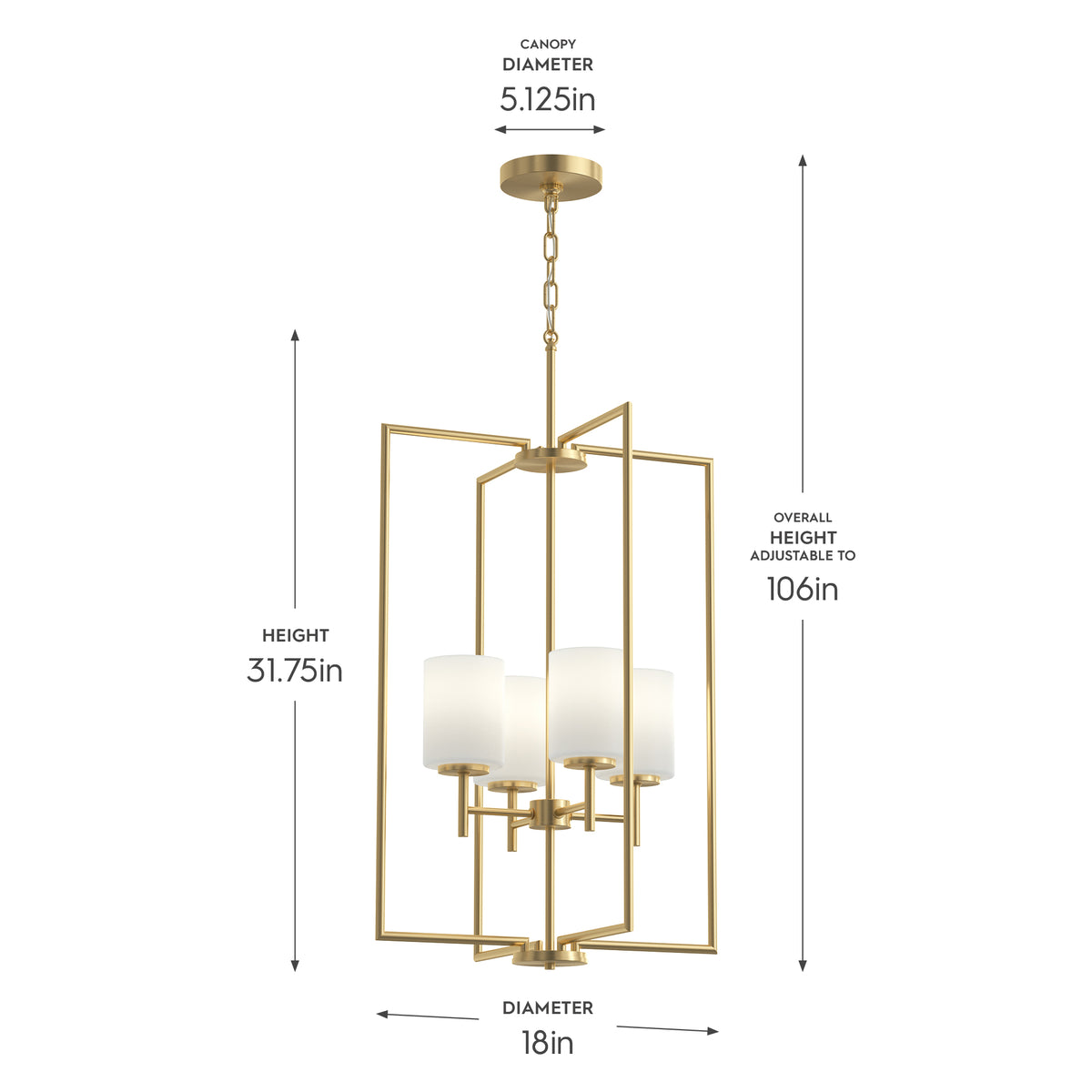 Gold pendant light with dimensions on a white background 