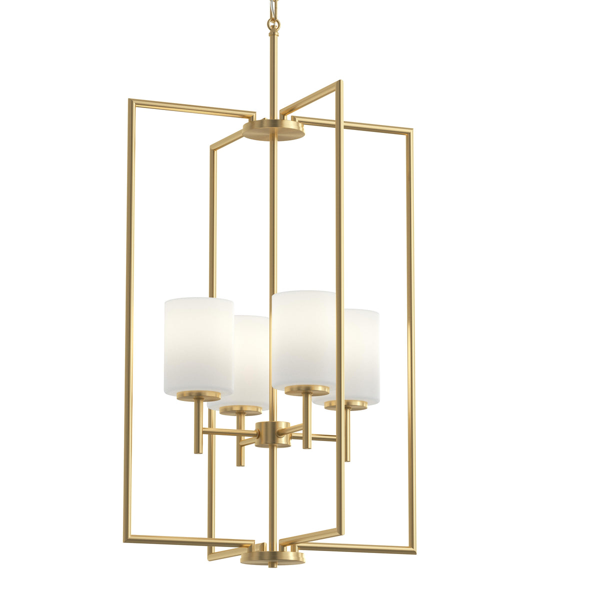 Gold chandelier with white glass shades on a white background 