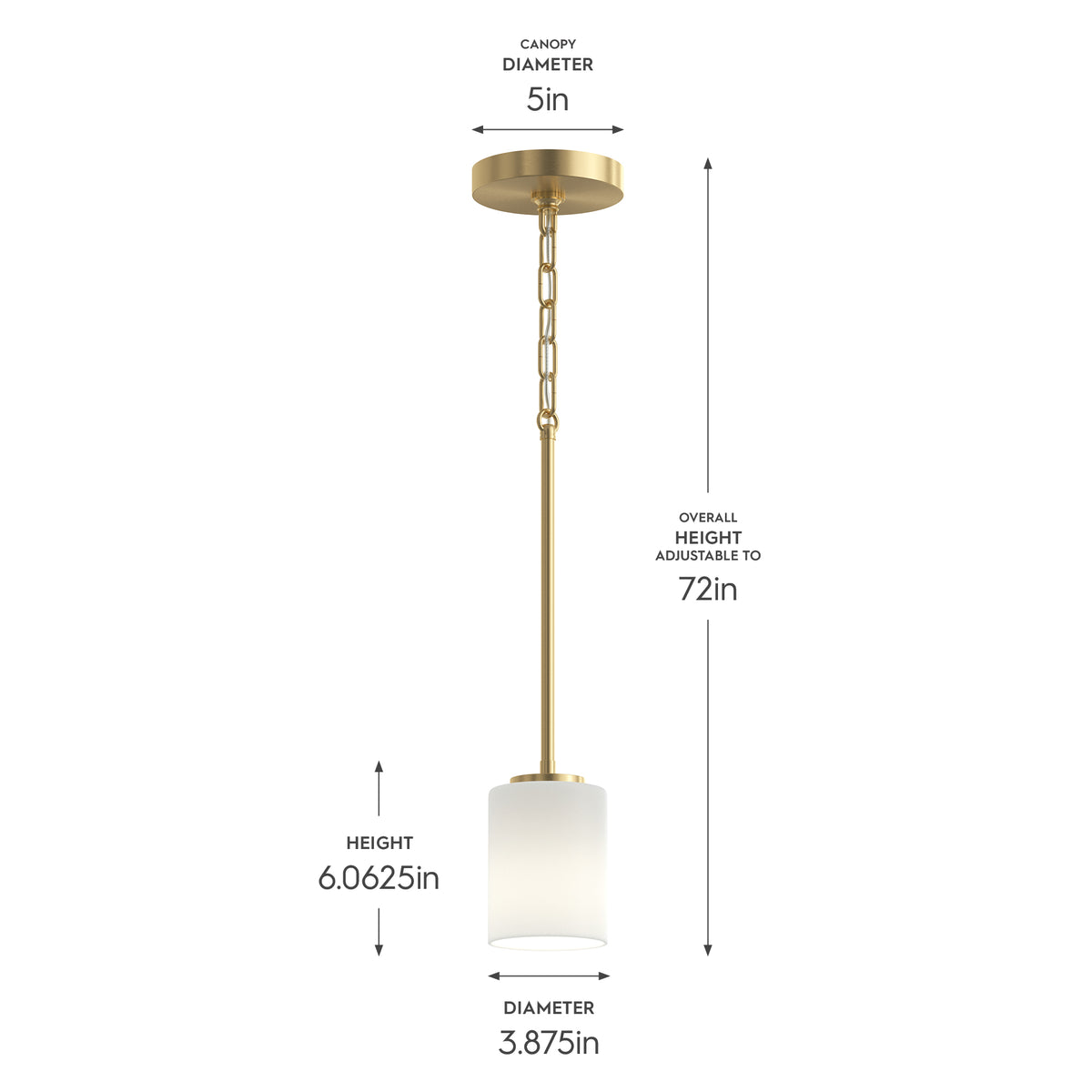 Pendant light with dimensions labeled on a white background