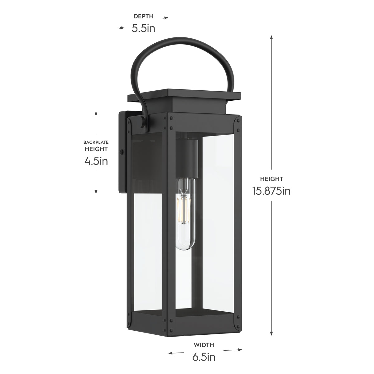 Black outdoor wall lantern with dimensions labeled on a white background