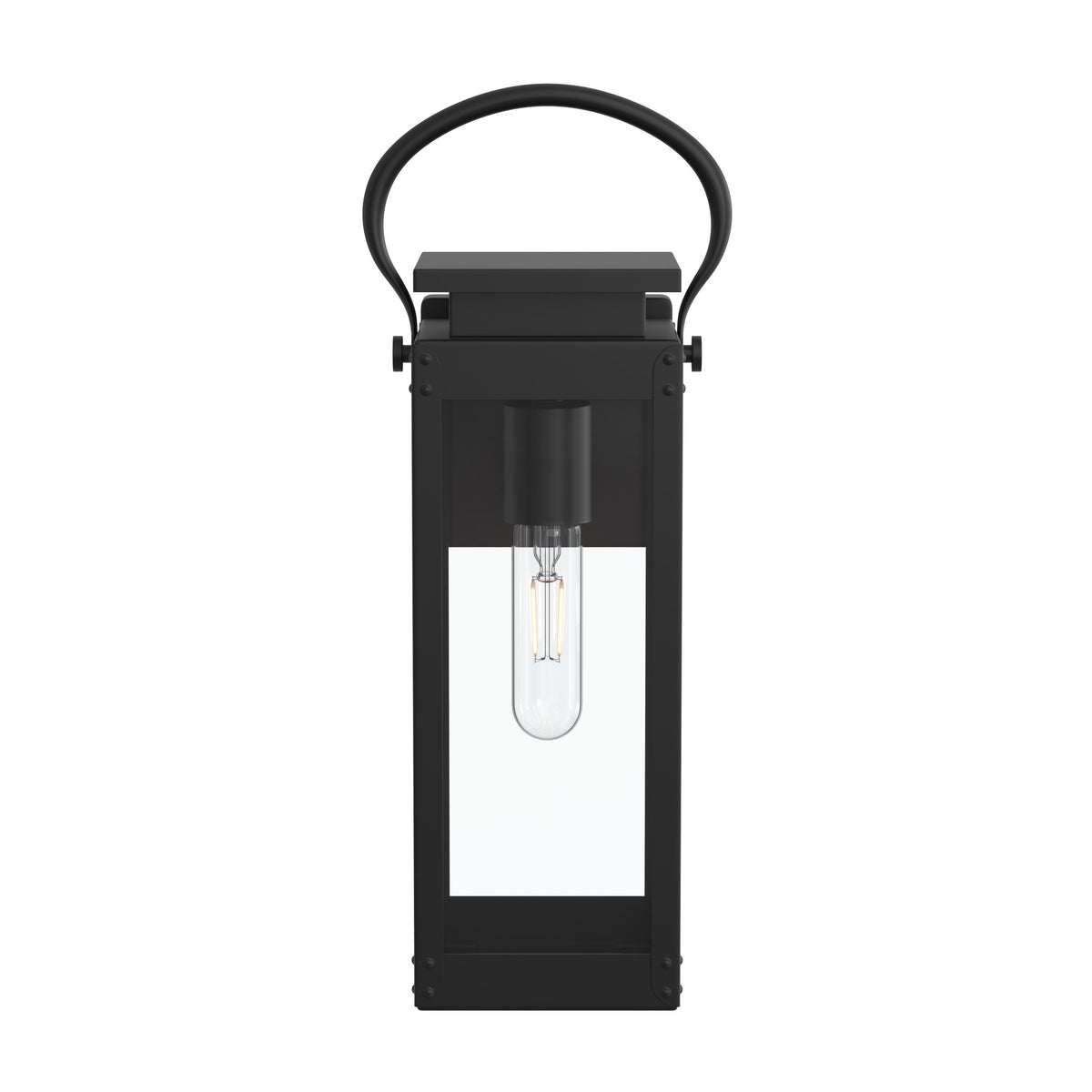 Black lantern-style wall light with clear glass cover on a white background
