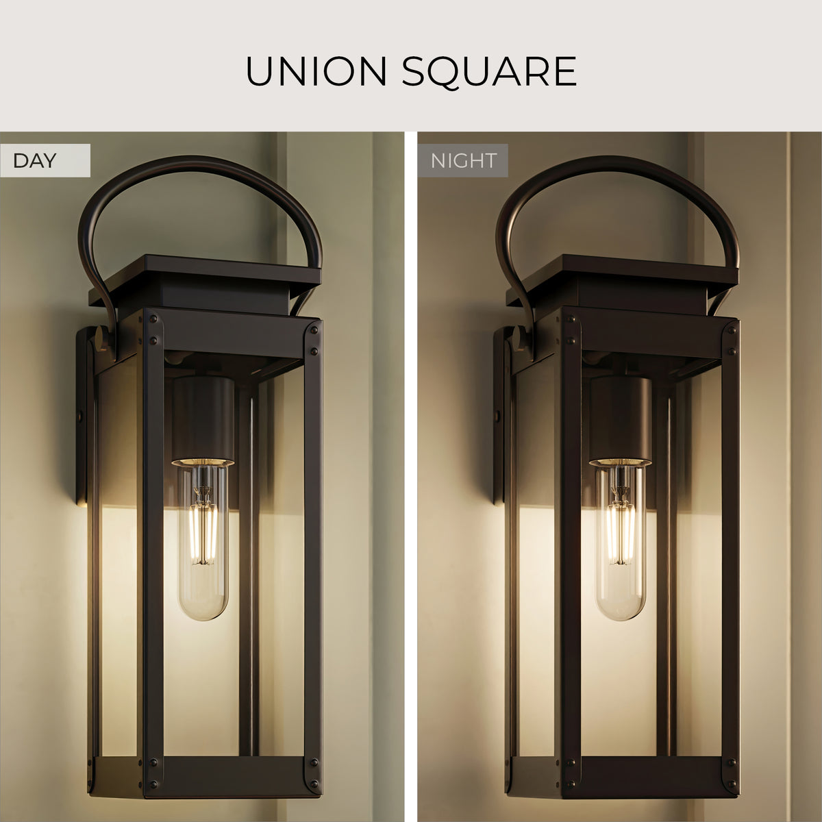 Outdoor wall light fixture comparison between day and night on a neutral background.