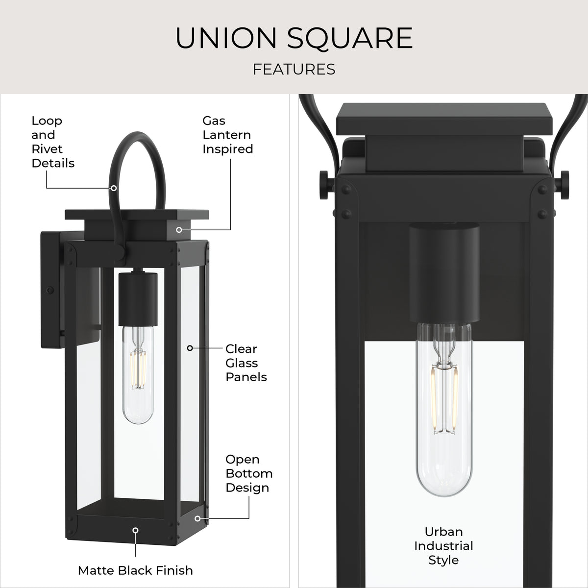 Black outdoor wall light fixture with features highlighted on a white background