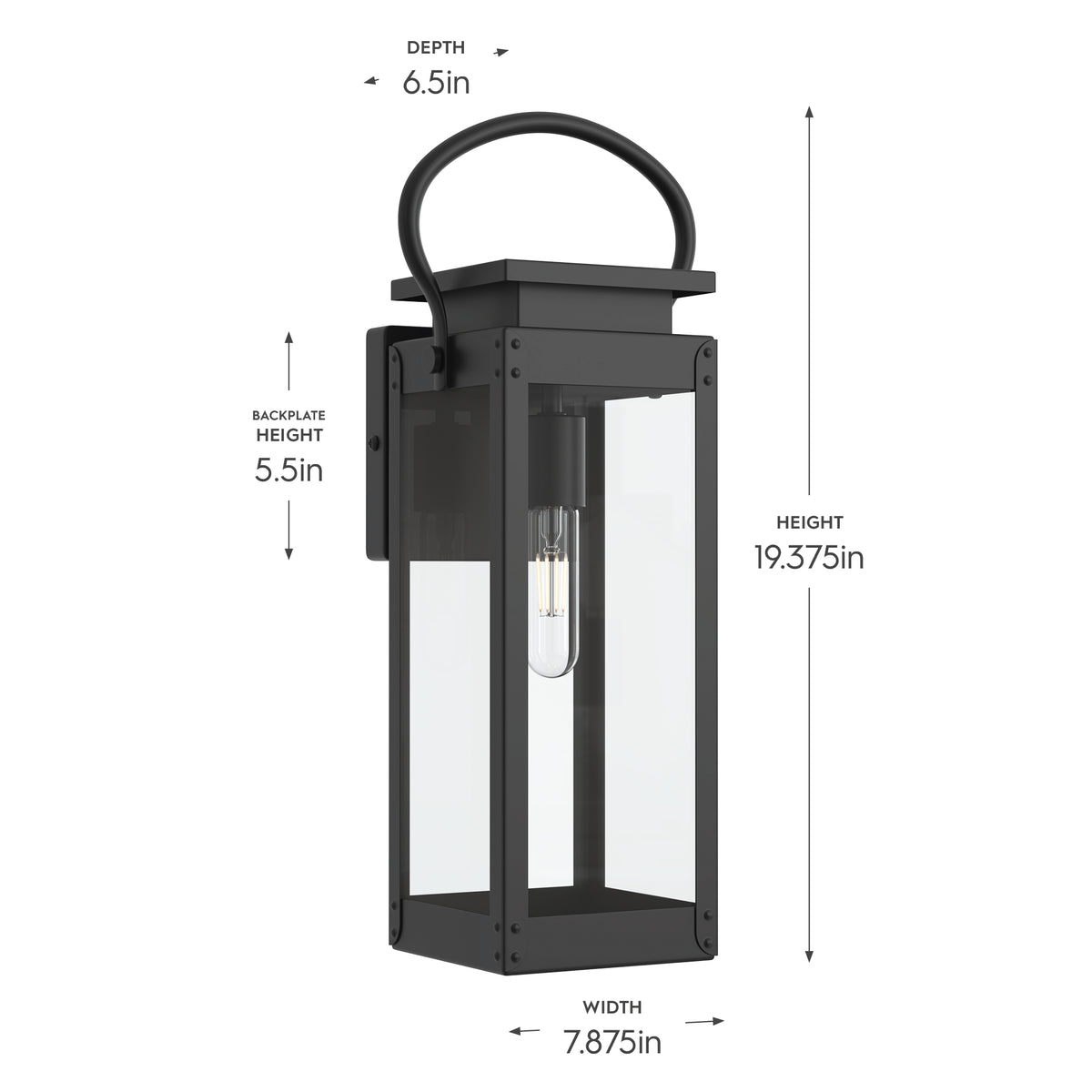Black outdoor wall lantern with dimensions labeled on a white background 