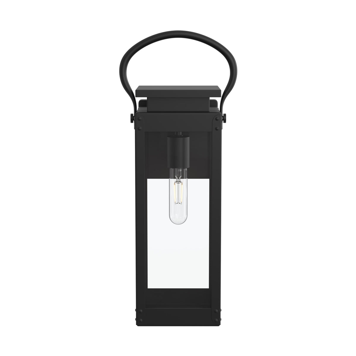Black lantern-style lamp with a clear glass cover on a white background 