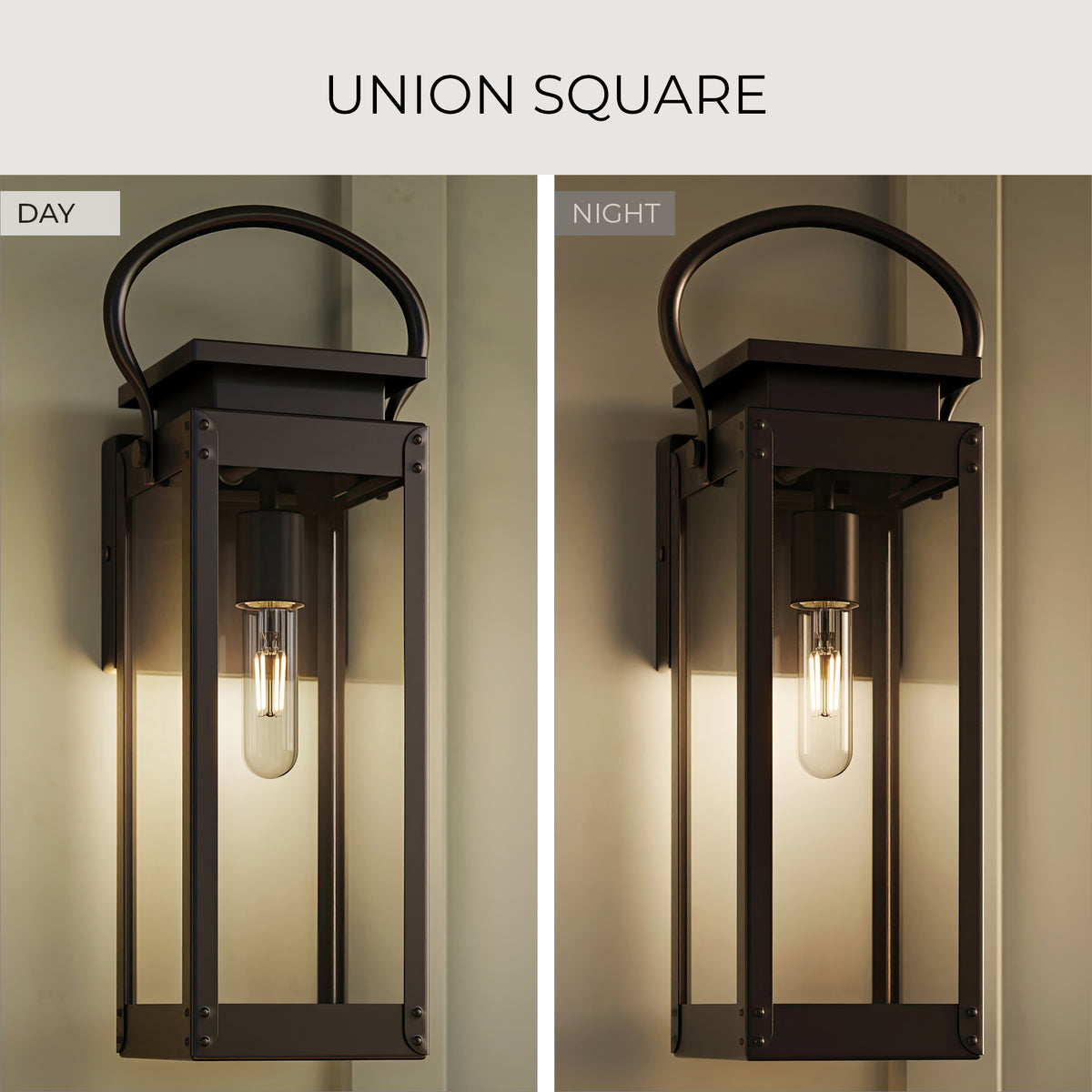 Outdoor wall light fixture comparison between day and night on a neutral background. 