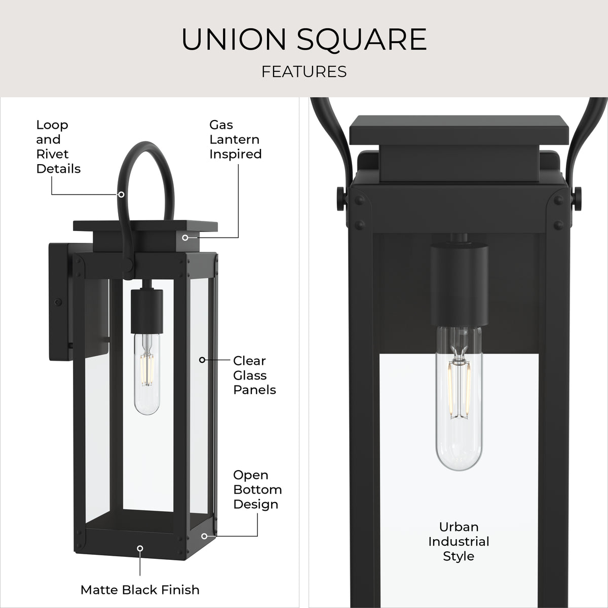 Black outdoor wall light fixture with features highlighted on a white background 