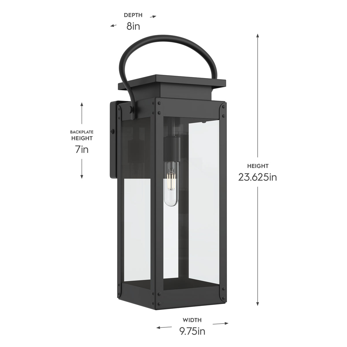 Black outdoor wall lantern with dimensions labeled on a white background 