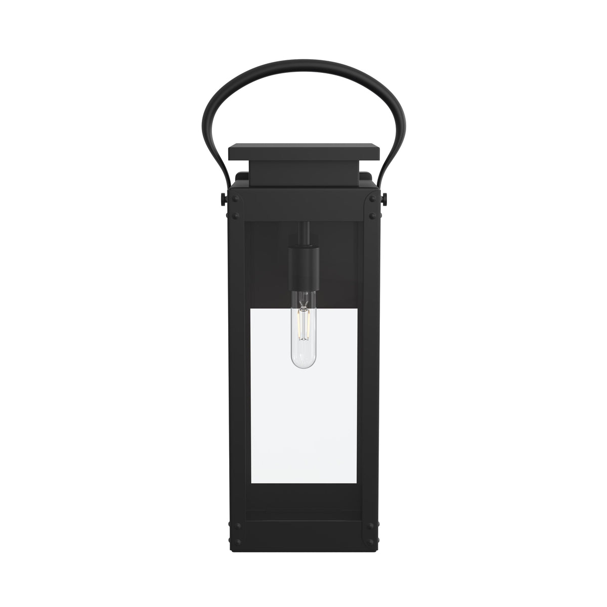 Black lantern with a visible light bulb on a white background